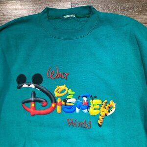 Vintage 90’s Large Walt Disney World Crewneck Teal Blue Green Sweatshirt Logo